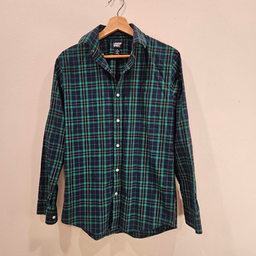 Lands'End No IronTwill long-sleeve button-down shirt green and blue plaid Small